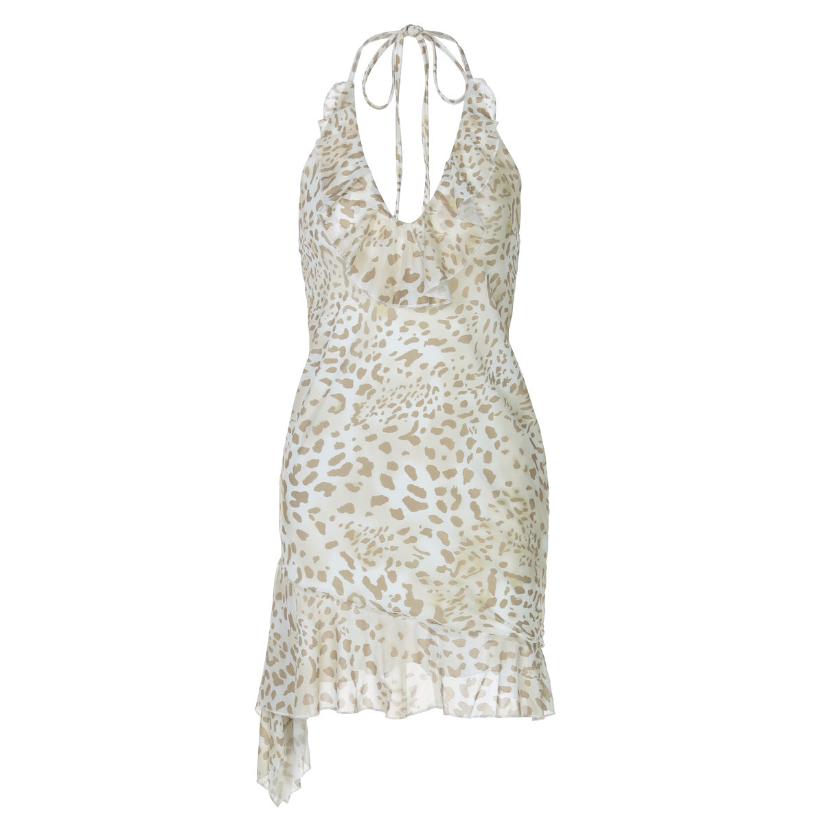 Summer Sexy Leopard Print Printed Sexy Deep V Plunge Sheath Wooden Ear Halter Dress Women Bella Mia